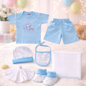 Gift Set II- Blue (7 Pcs) with Shirt, Short, Hat, Bib, Booties, Wash Cloth and Baby Towel, 100% Combed Cotton